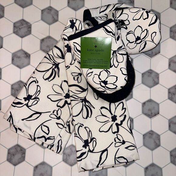 Kate Spade Navy Blue White Brush Stroke Floral Print Kitchen Linen Set of 4